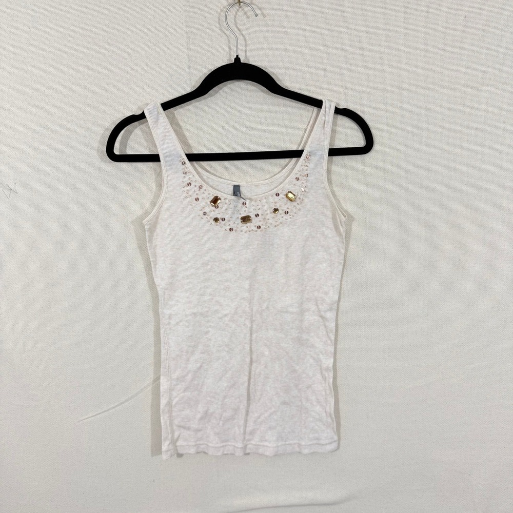 Vintage Charlotte Russe Womens Ribbed Tank Top Cream Embellished Beaded Size M